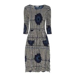 ALQUEMA 3/4 Sleeve Smash Pocket Dress 2 (10-12) Indigo Flower Spot Check Print